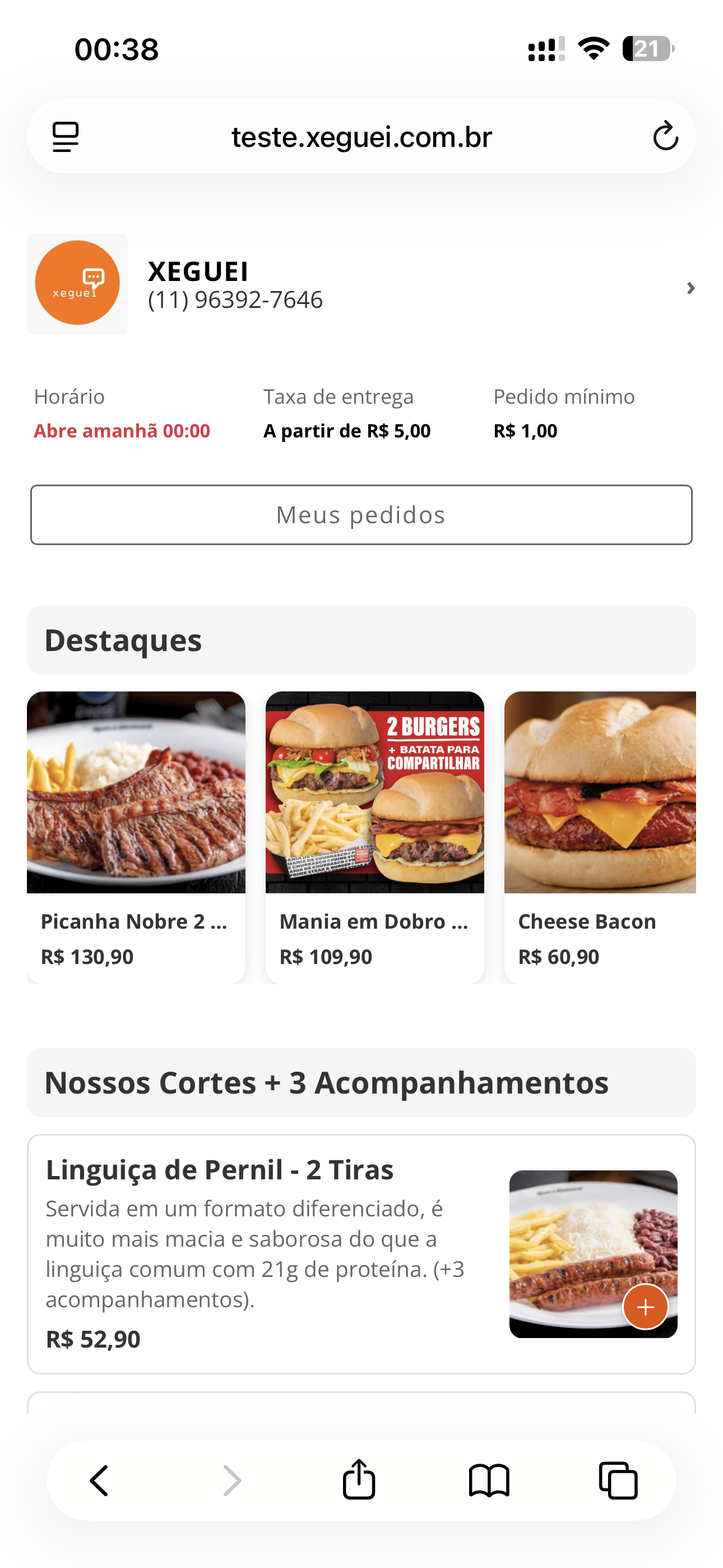 Tela de cardápio digital do Xeguei